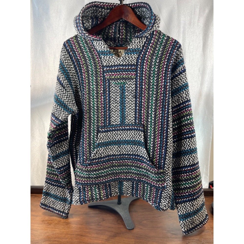 Vintage Baja Joe Hoodie 90s Grunge Black Multi Woven Knit Pullover Womens Small